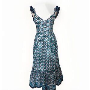 NWT $118 Lucky Brand Maxi Dress XS Blue White Turquoise Sleeveless Ruffle Boho